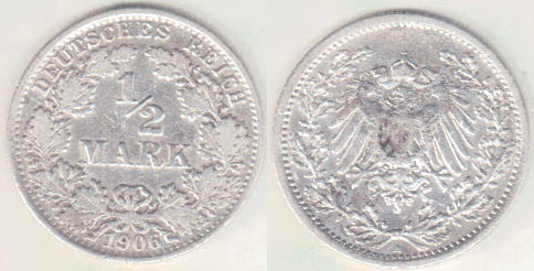 1906 A Germany silver 1/2 Mark A000238